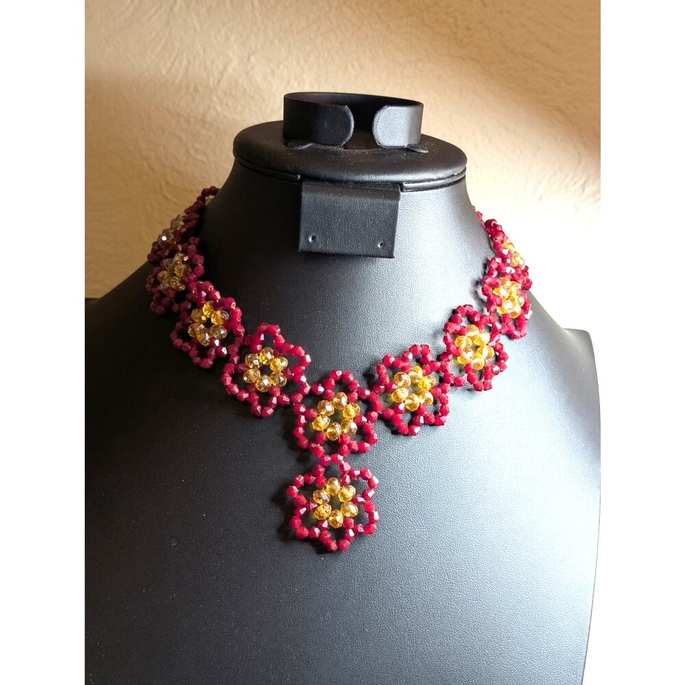Red Yellow Crystal Beaded Flower 16.5" Necklace